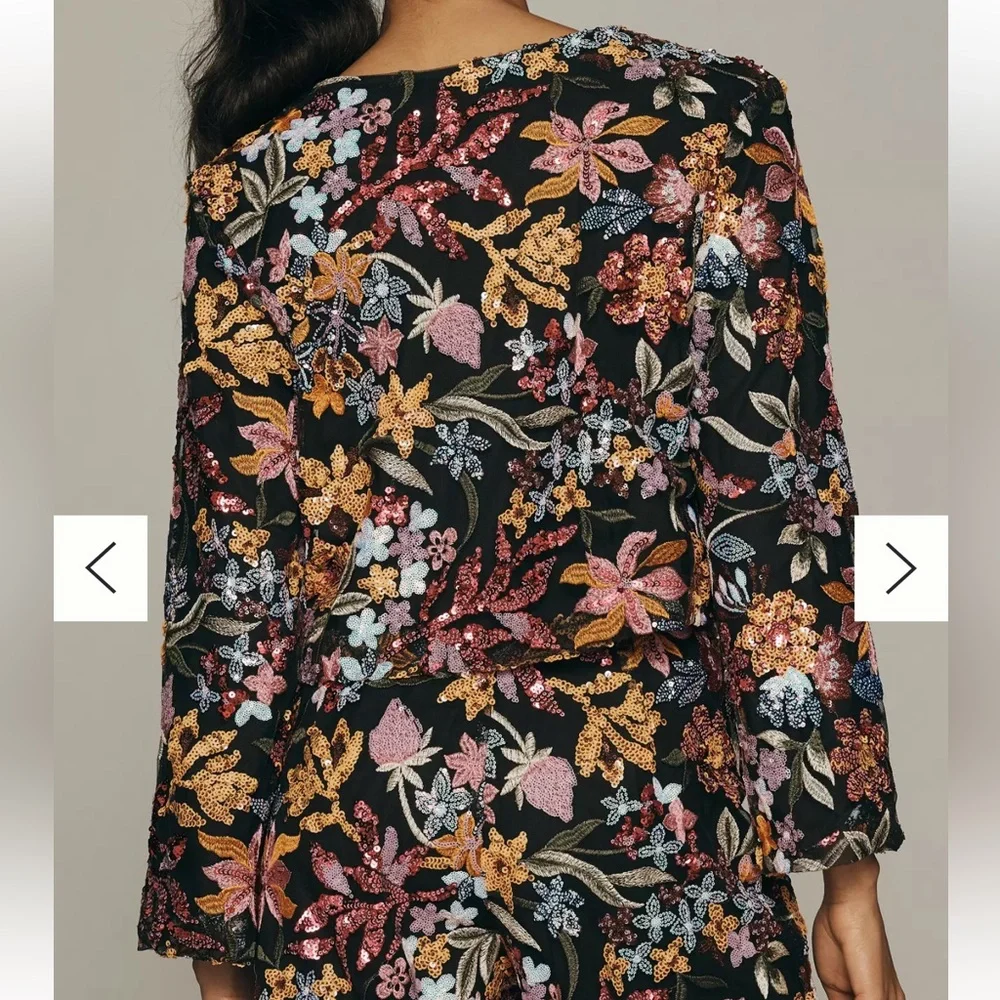 Anthropologie TINY floral slightly cropped sequins lined party Small blazer